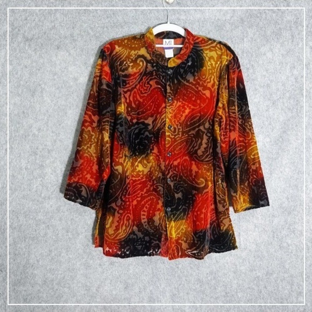 Jm Collection Tunic S Button Paisley Velvet Jacquad Semi Sheer Retro Mod Cottage